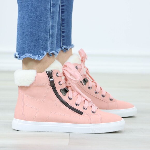 High Tops Womens Fashion Sneakers Shoes Fuzzy Ankle Pink - Picture 3 of 11